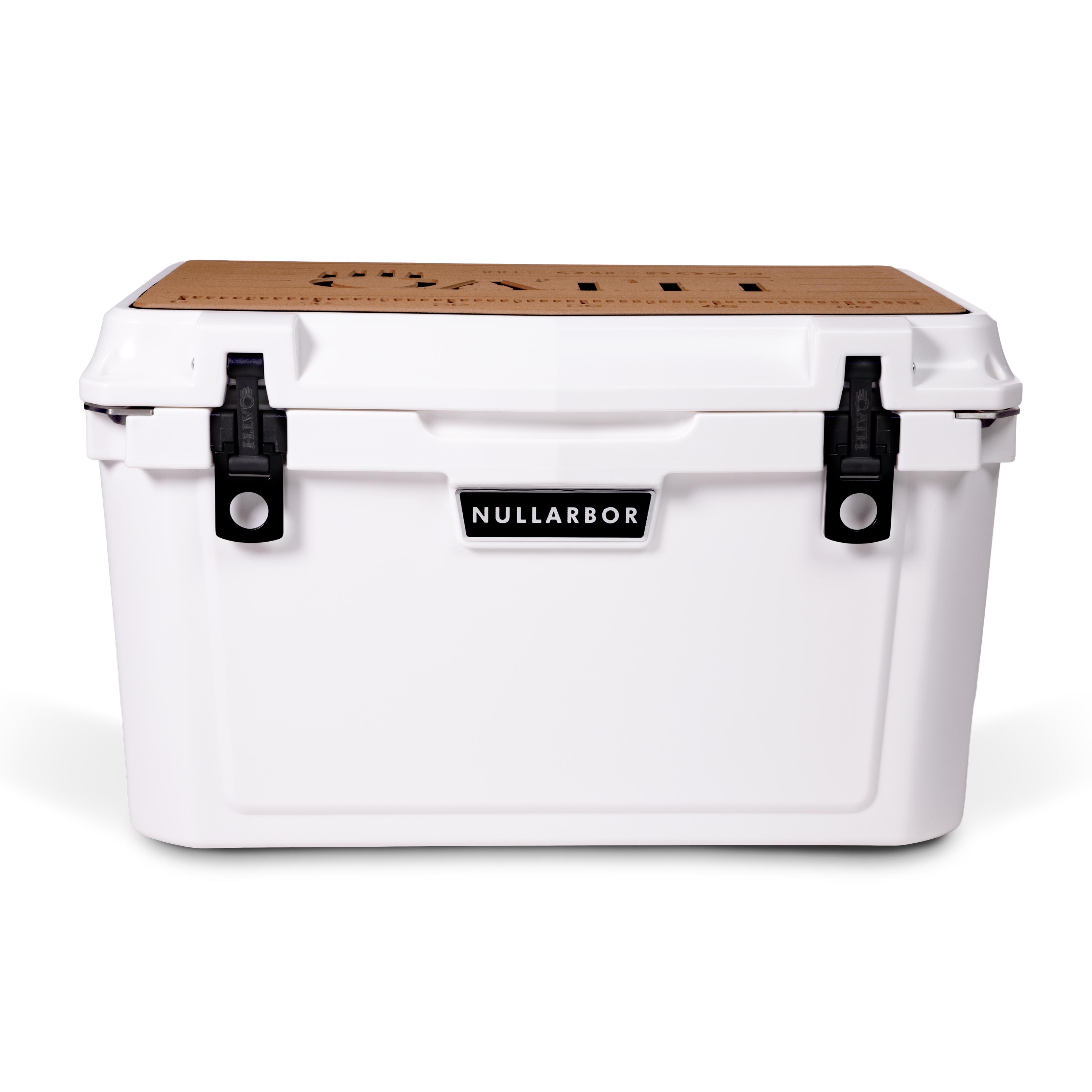 Front view of closed medium 43 litre white cooler box with 2 easy lock latches on front and bottle openers on each corner. Tan foam mat on lid with fish catch ruler.