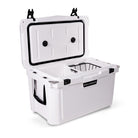 Left side 45 degree view of open medium 43 litre white cooler box with side handle, 2 easy lock latches on lid and bottle openers on each corner. Food divider / chopping board and wire food basket inside.