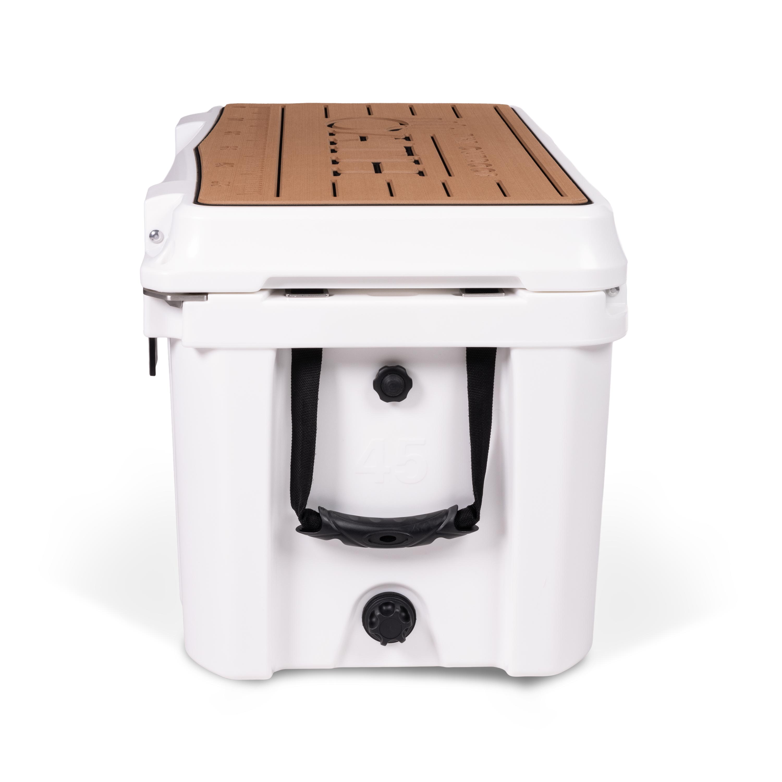 Right side view of closed medium 43 litre white cooler box with side handle, pressure release valve and leak proof easy flow drainage plug. Tan foam mat on lid with fish catch ruler.