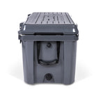 Right side view of closed large 71 litre dark grey cooler box with side handle, pressure release valve and leak proof easy flow drainage plug. Grey foam mat on lid with fish catch ruler.