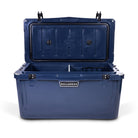 Front view of open large 71 litre blue cooler box with 2 easy lock latches on lid and bottle openers on each corner. Food divider / chopping board and wire food basket inside.