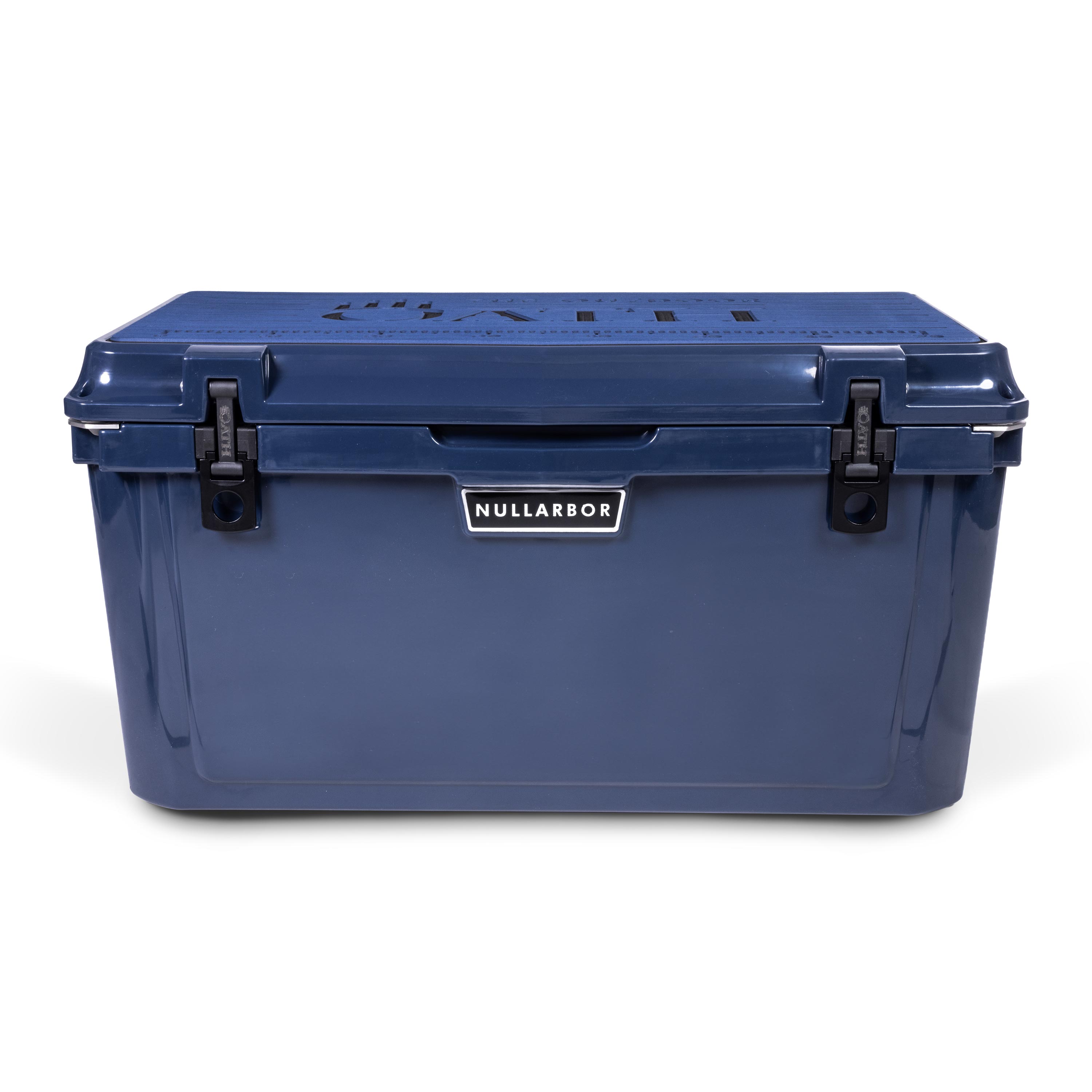 Front view of closed large 71 litre blue cooler box with 2 easy lock latches on front and bottle openers on each corner. Blue foam mat on lid with fish catch ruler.