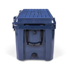 Right side view of closed large 71 litre blue cooler box with side handle, pressure release valve and leak proof easy flow drainage plug. Blue foam mat on lid with fish catch ruler.