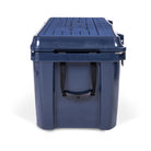 Left side view of closed 71 litre large blue cooler box with side handle. Blue foam mat on lid with fish catch ruler.