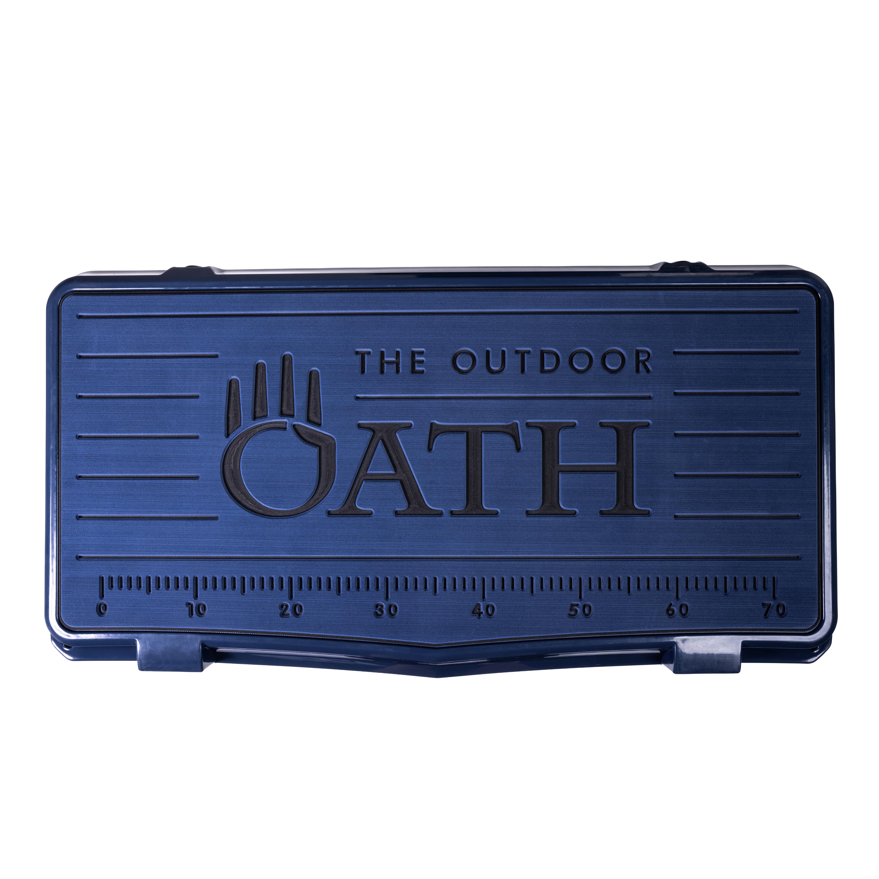 Top view of closed large 71 litre blue cooler box with blue foam mat and fish catch ruler