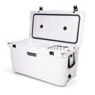 Right side 45 degree view of open large 71 litre white cooler box with side handle, 2 easy lock latches on lid, bottle openers on each corner. Pressure release valve and leak proof easy flow drainage plug on side. Food divider / chopping board and wire food basket inside.