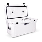 Left side 45 degree view of open large 71 litre white cooler box with side handle, 2 easy lock latches on lid and bottle openers on each corner. Food divider / chopping board and wire food basket inside.