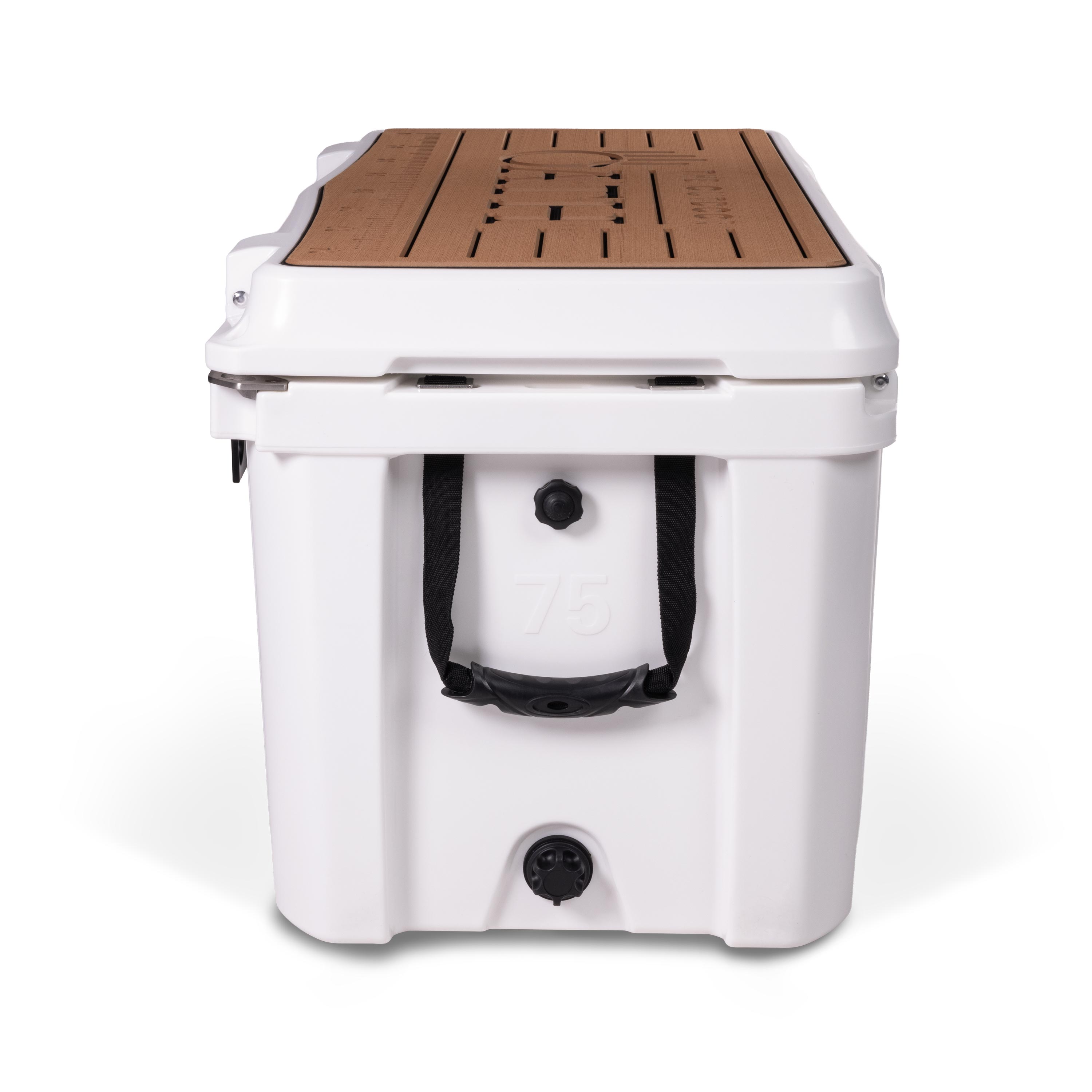Right side view of closed large 71 litre white cooler box with side handle, pressure release valve and leak proof easy flow drainage plug. Tan foam mat on lid with fish catch ruler.