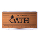 Top view of closed large 71 litre white cooler box with tan foam mat and fish catch ruler