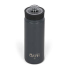 Front view from above of dark grey 530ml stainless steel drink bottle with open clear lid and silver etched outdoor oath logo and kangaroo paw icon on side.