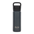 Front view of dark grey 530ml stainless steel drink bottle with closed lid and handle. Silver etched outdoor oath logo and kangaroo paw icon on side.