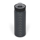 Rear view from above of dark grey 530ml stainless steel drink bottle with open clear lid and silver etched kangaroo paw track pattern on side.