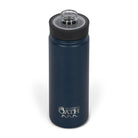 Front view from above of blue 530ml stainless steel drink bottle with open clear lid and silver etched outdoor oath logo and wave icon on side.