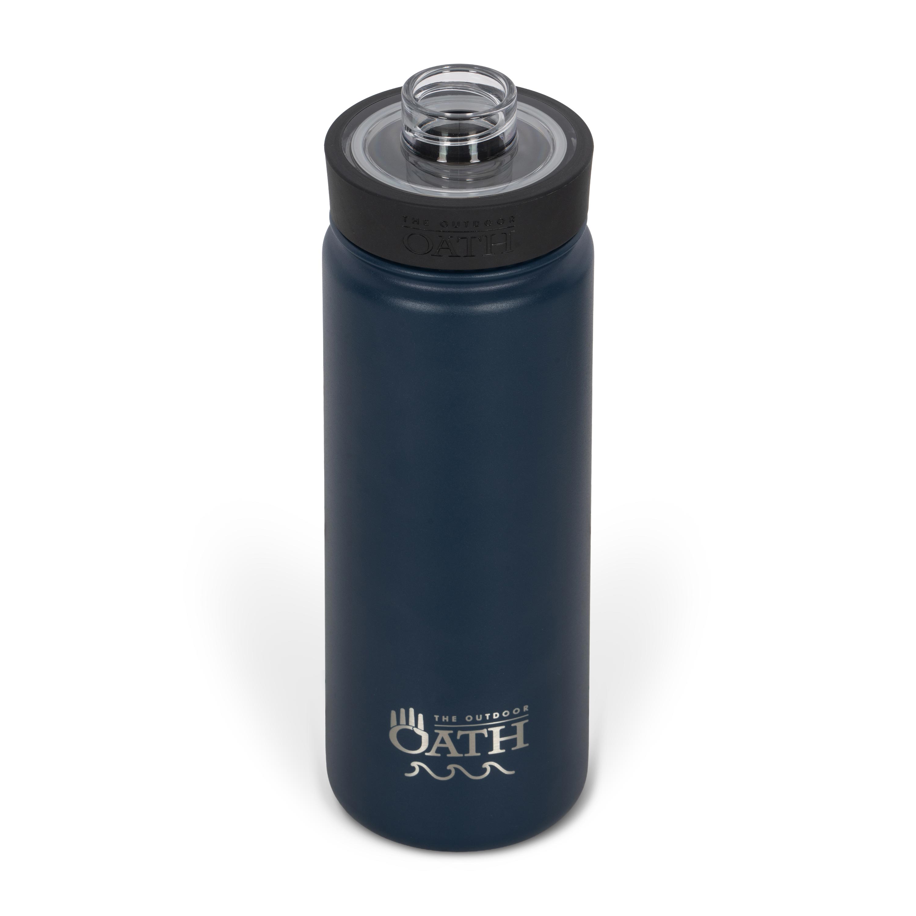 Front view from above of blue 530ml stainless steel drink bottle with open clear lid and silver etched outdoor oath logo and wave icon on side.