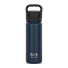 Front view of blue 530ml stainless steel drink bottle with closed lid and handle. Silver etched outdoor oath logo and wave icon on side.