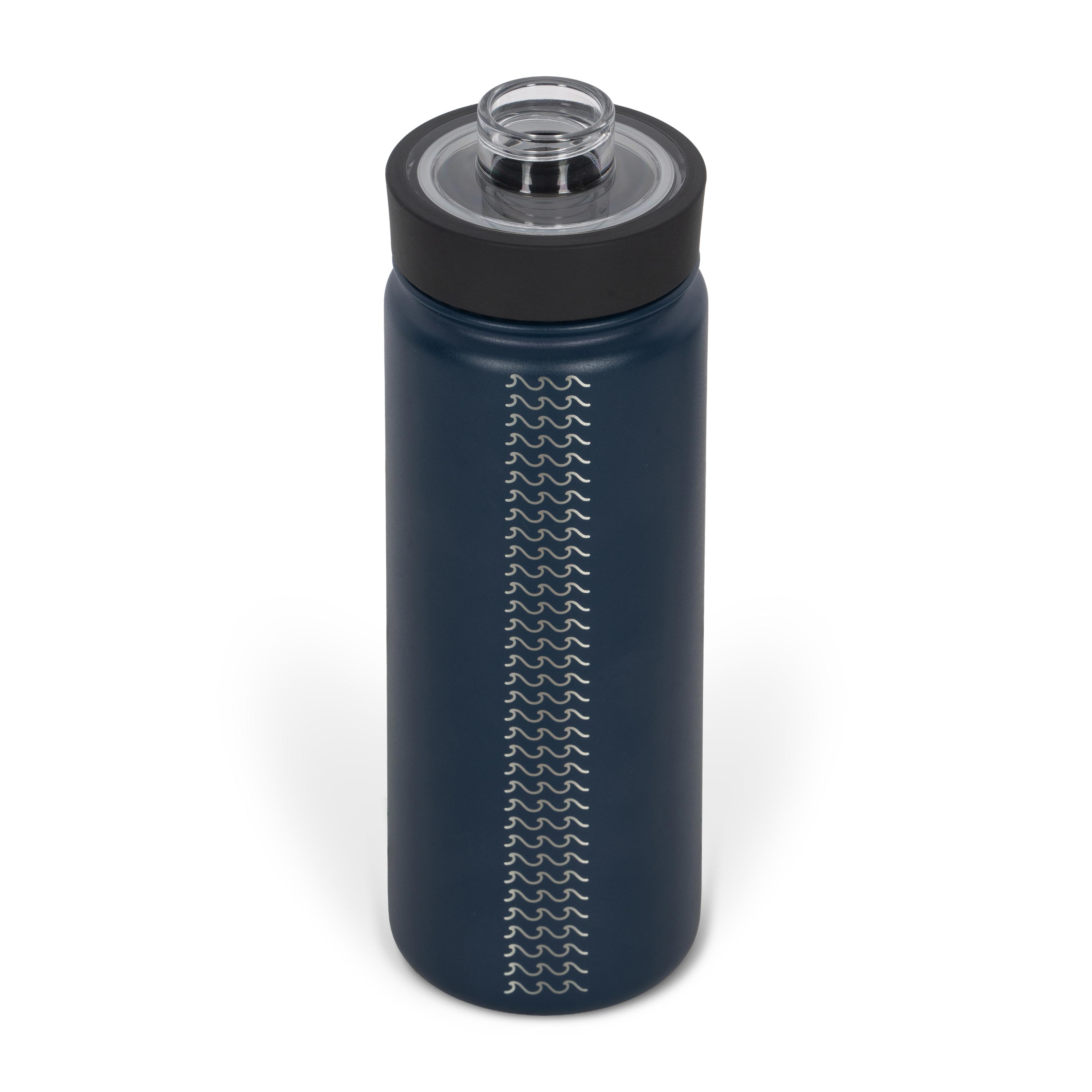 Rear view from above of blue 530ml stainless steel drink bottle with open clear lid and silver etched wave pattern on side.