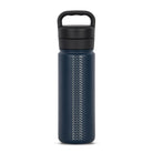 Rear view of blue 530ml stainless steel drink bottle with closed lid and handle. Silver etched wave pattern on side.