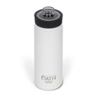 Front view from above of white 530ml stainless steel drink bottle with open clear lid and silver etched outdoor oath logo and wave icon on side.