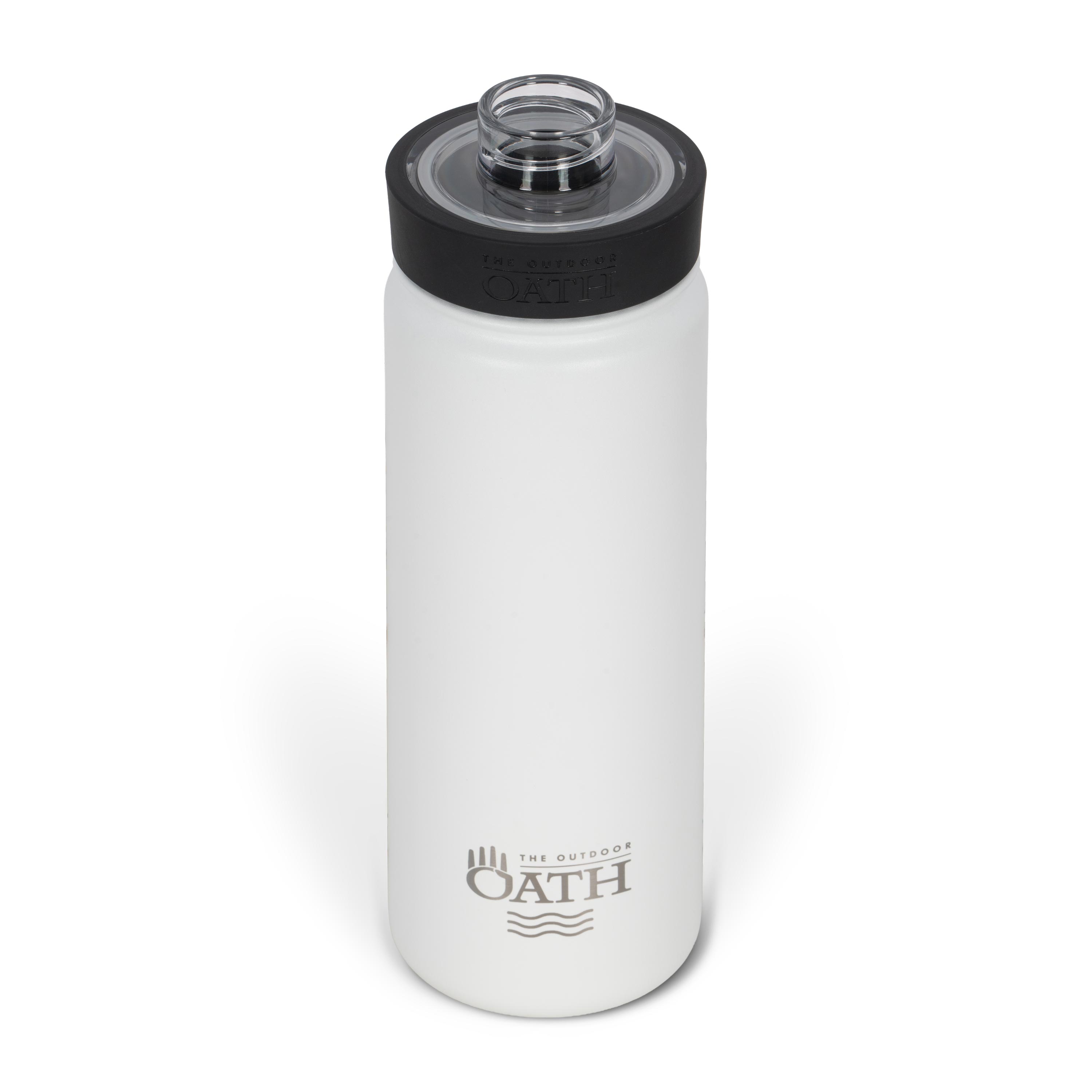 Front view from above of white 530ml stainless steel drink bottle with open clear lid and silver etched outdoor oath logo and wave icon on side.