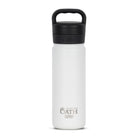 Front view of white 530ml stainless steel drink bottle with closed lid and handle. Silver etched outdoor oath logo and wave icon on side.