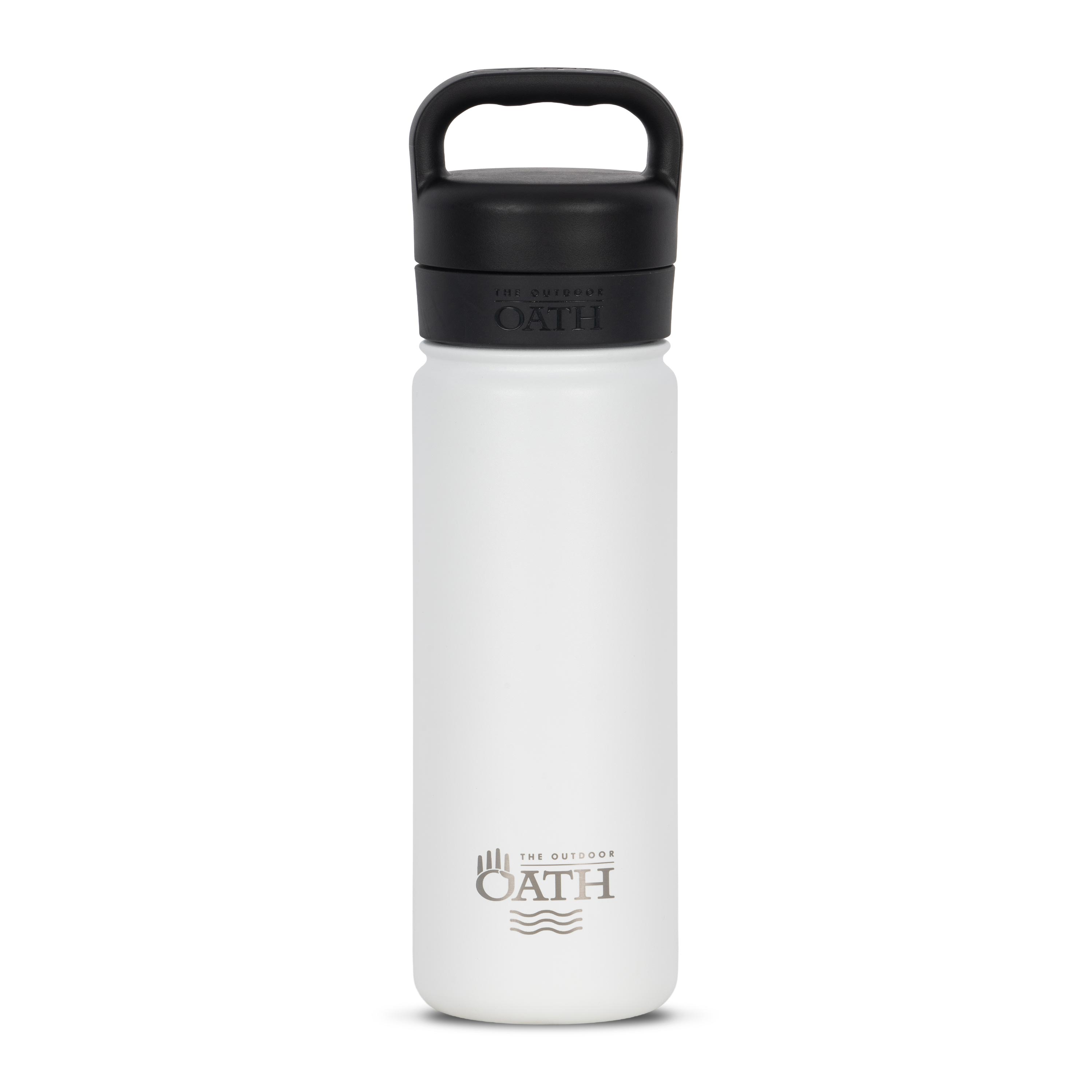 Front view of white 530ml stainless steel drink bottle with closed lid and handle. Silver etched outdoor oath logo and wave icon on side.