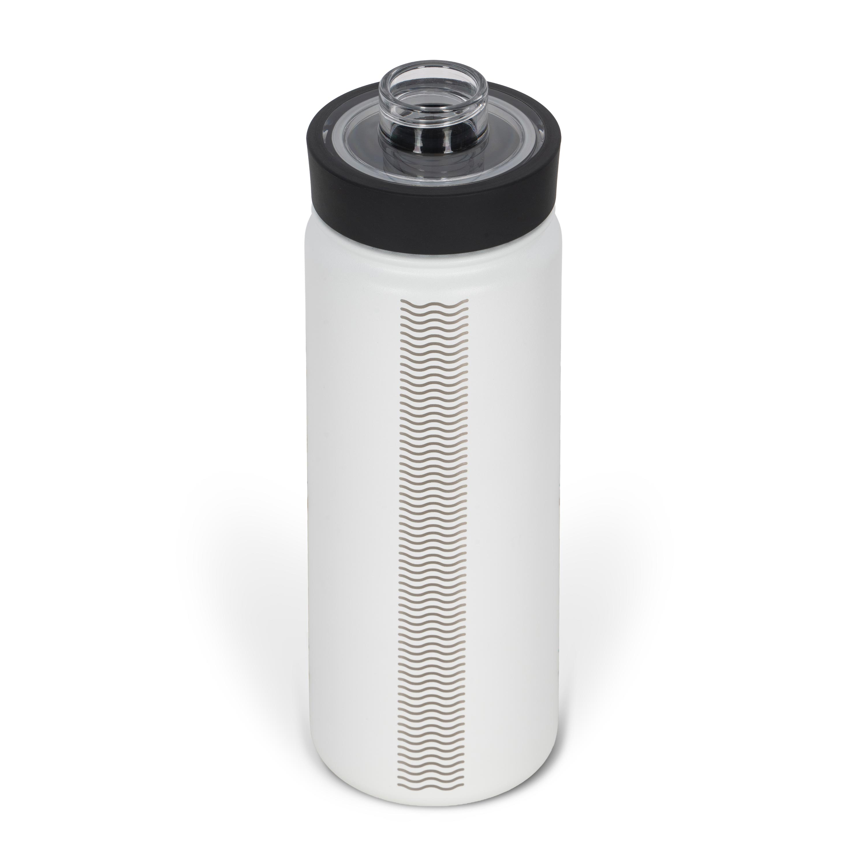 Rear view from above of white 530ml stainless steel drink bottle with open clear lid and silver etched wave pattern on side.