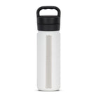 Rear view of white 530ml stainless steel drink bottle with closed lid and handle. Silver etched wave pattern on side.