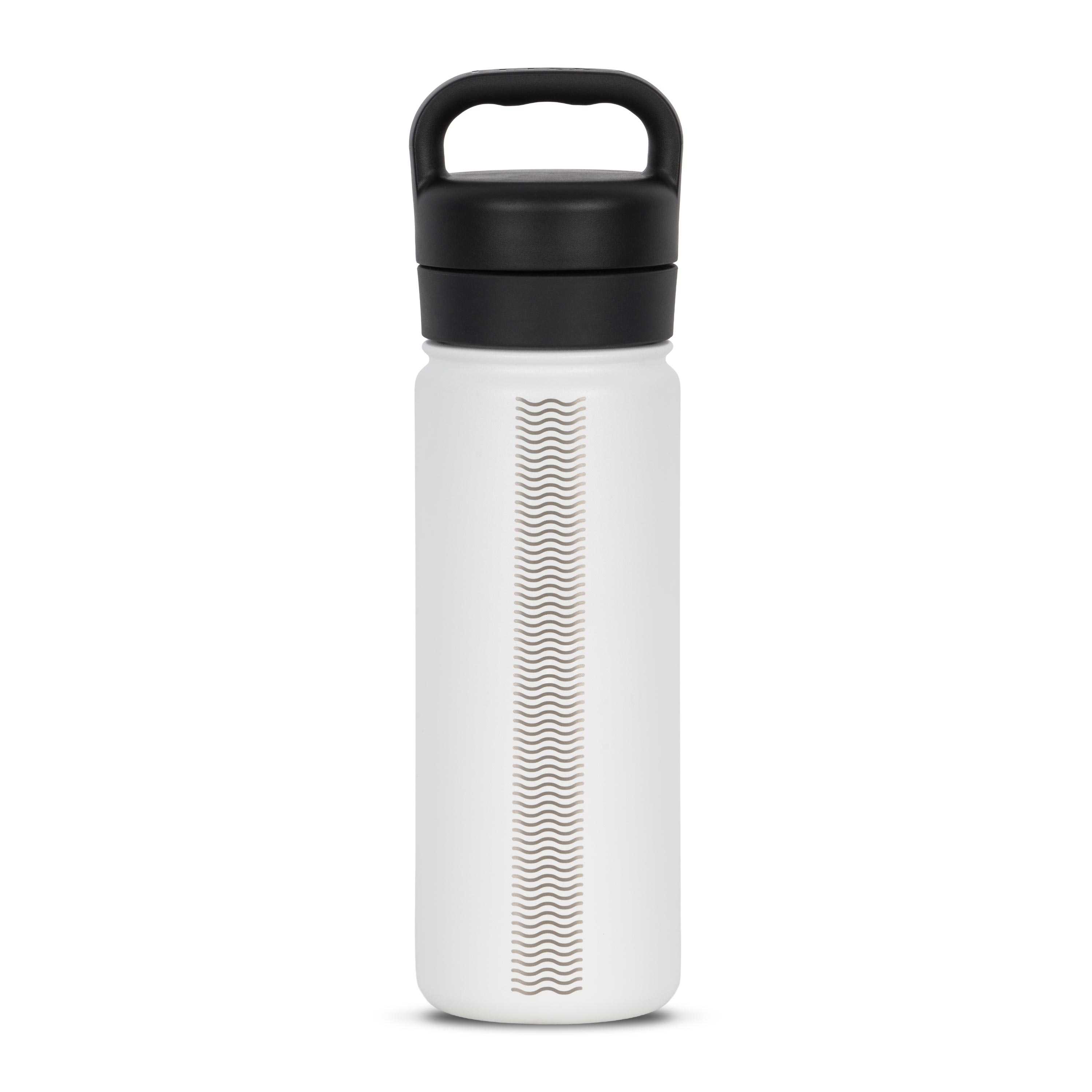 Rear view of white 530ml stainless steel drink bottle with closed lid and handle. Silver etched wave pattern on side.