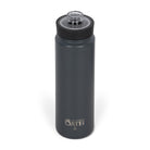 Front view from above of dark grey 700ml stainless steel drink bottle with open clear lid and silver etched outdoor oath logo and kangaroo paw icon on side.