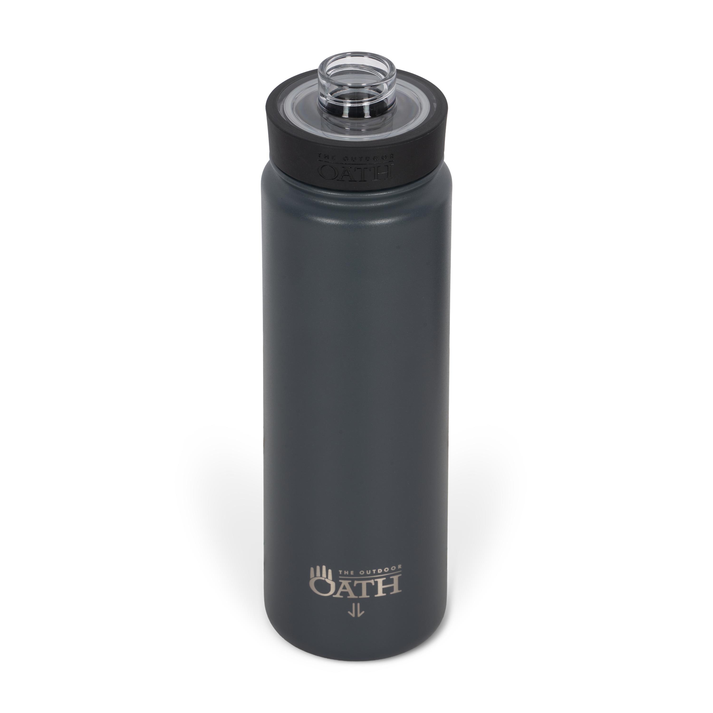 Front view from above of dark grey 700ml stainless steel drink bottle with open clear lid and silver etched outdoor oath logo and kangaroo paw icon on side.