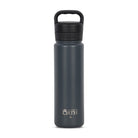 Front view of dark grey 700ml stainless steel drink bottle with closed lid and handle. Silver etched outdoor oath logo and kangaroo paw icon on side.