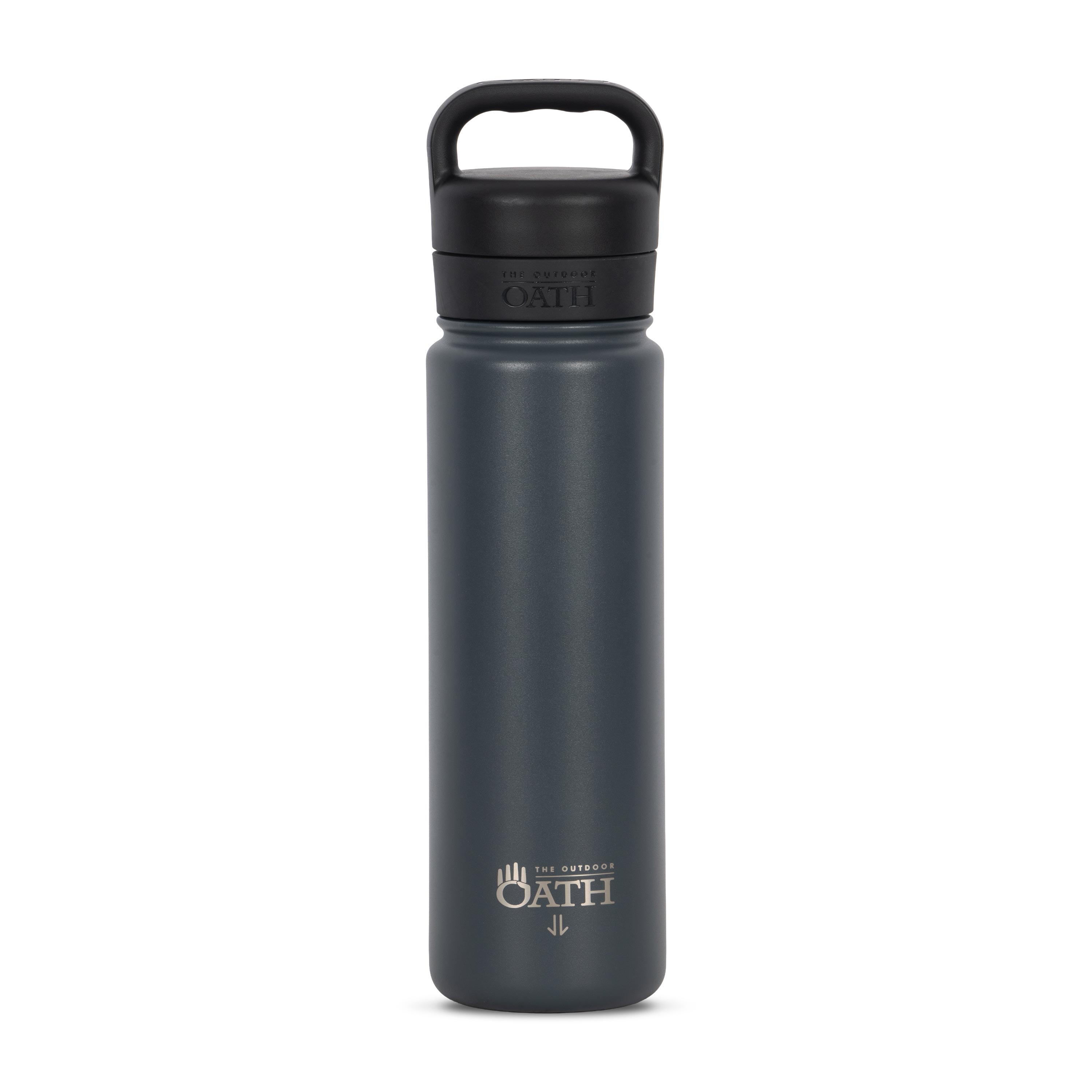 Front view of dark grey 700ml stainless steel drink bottle with closed lid and handle. Silver etched outdoor oath logo and kangaroo paw icon on side.