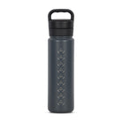 Rear view of dark grey 700ml stainless steel drink bottle with closed lid and handle. Silver etched kangaroo paw track pattern on side.