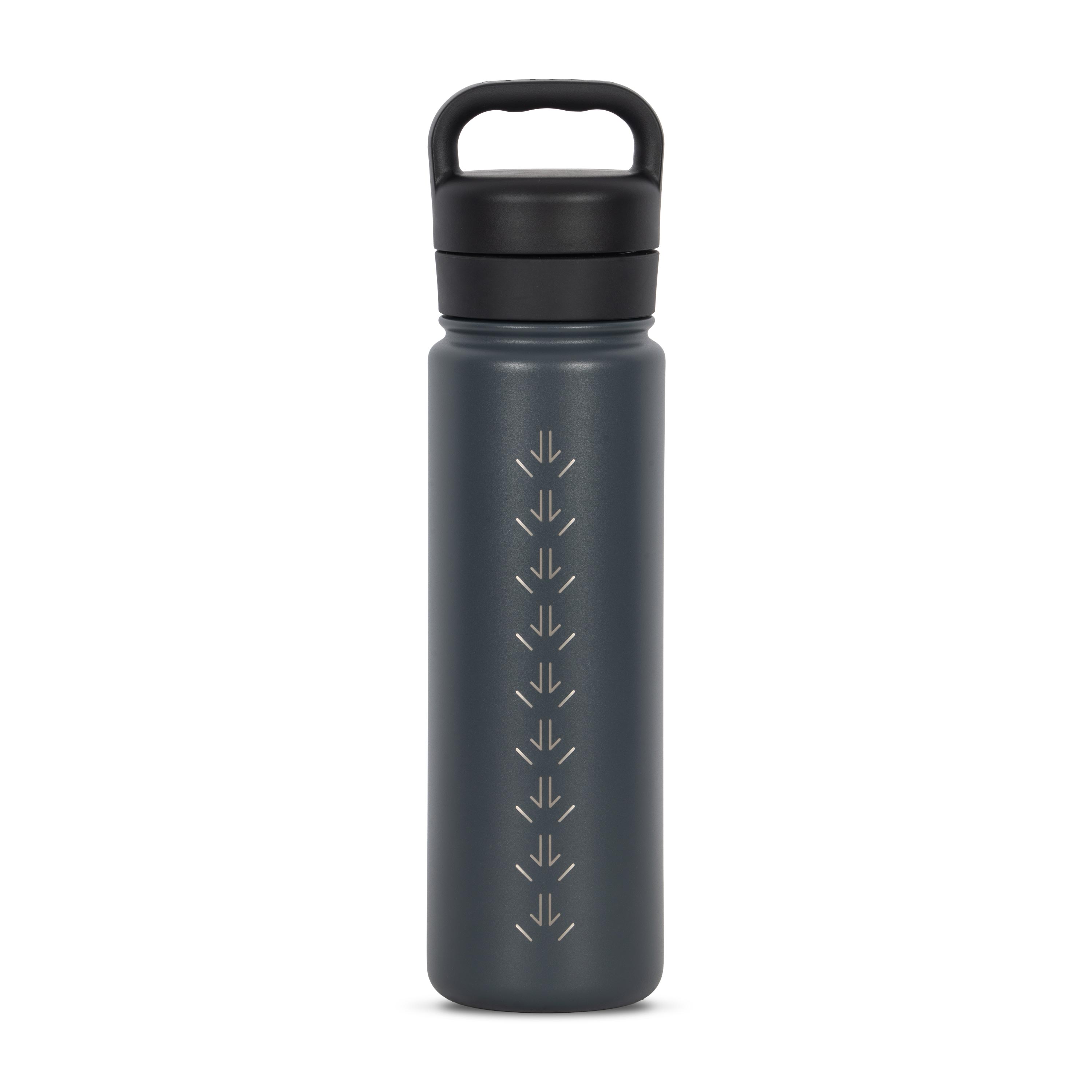 Rear view of dark grey 700ml stainless steel drink bottle with closed lid and handle. Silver etched kangaroo paw track pattern on side.