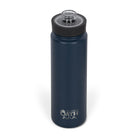 Front view from above of blue 700ml stainless steel drink bottle with open clear lid and silver etched outdoor oath logo and wave icon on side.