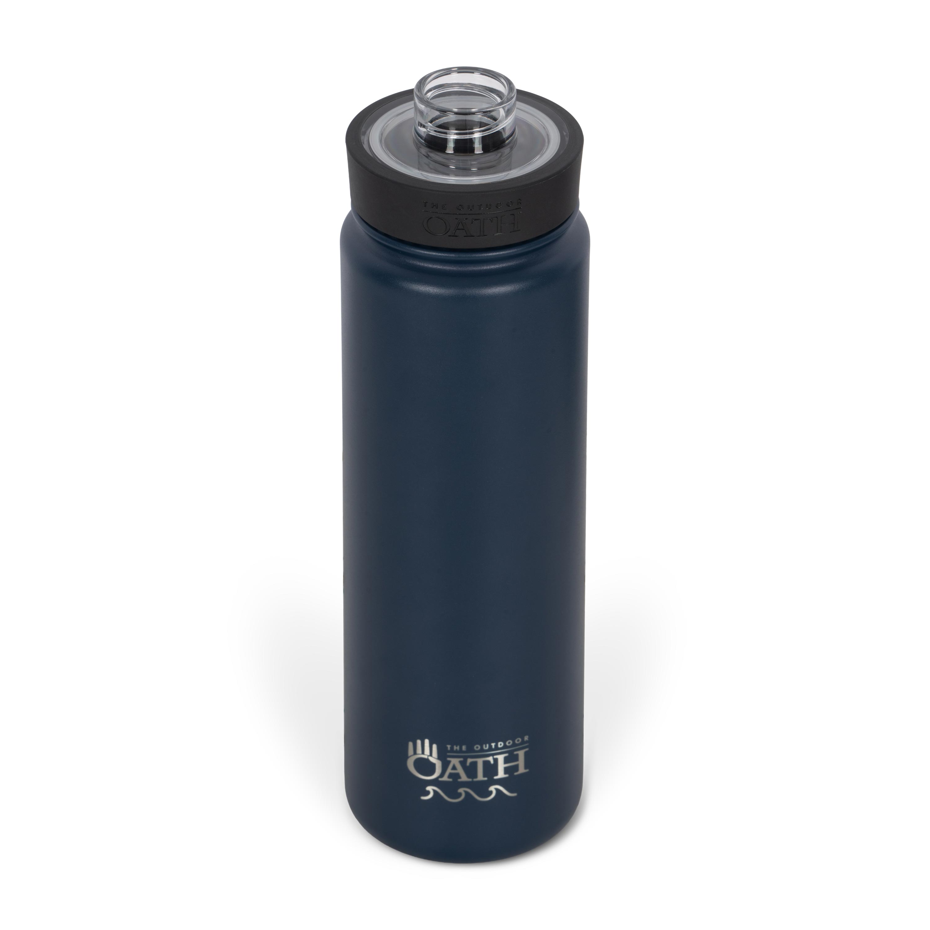 Front view from above of blue 700ml stainless steel drink bottle with open clear lid and silver etched outdoor oath logo and wave icon on side.