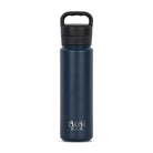 Front view of blue 700ml stainless steel drink bottle with closed lid and handle. Silver etched outdoor oath logo and wave icon on side.