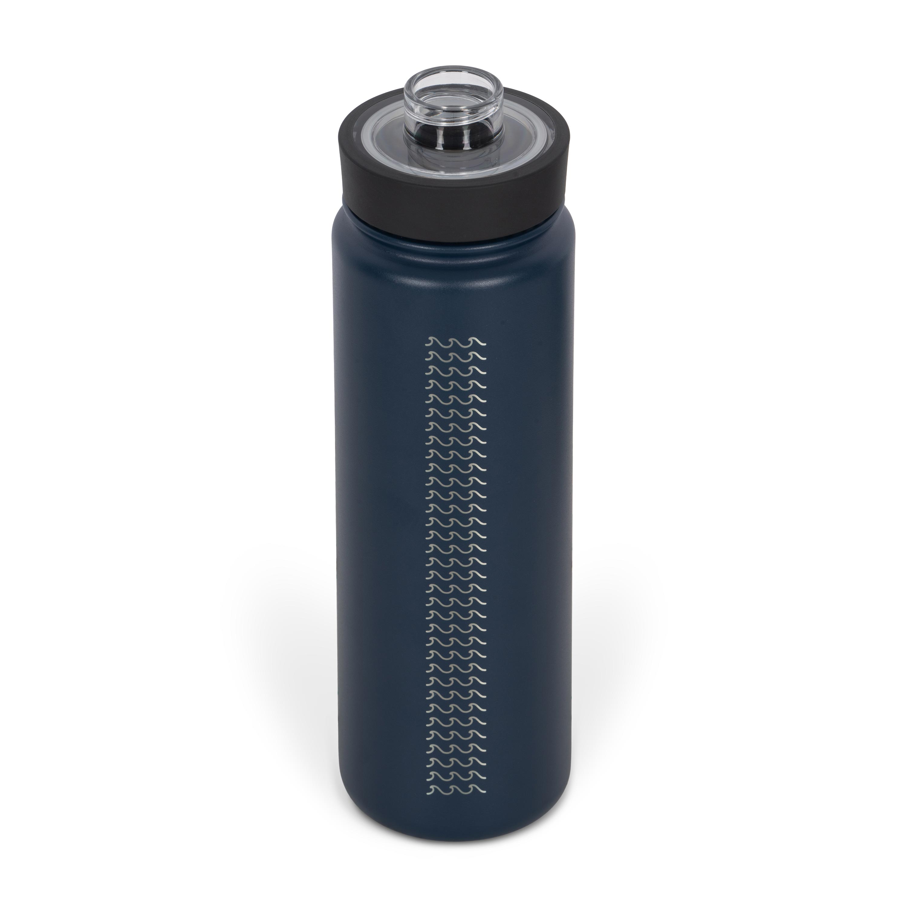 Rear view from above of blue 700ml stainless steel drink bottle with open clear lid and silver etched wave pattern on side.
