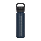 Rear view of blue 700ml stainless steel drink bottle with closed lid and handle. Silver etched wave pattern on side.