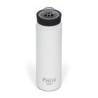 Front view from above of white 700ml stainless steel drink bottle with open clear lid and silver etched outdoor oath logo and wave icon on side.