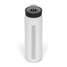 Rear view from above of white 700ml stainless steel drink bottle with open clear lid and silver etched wave pattern on side.