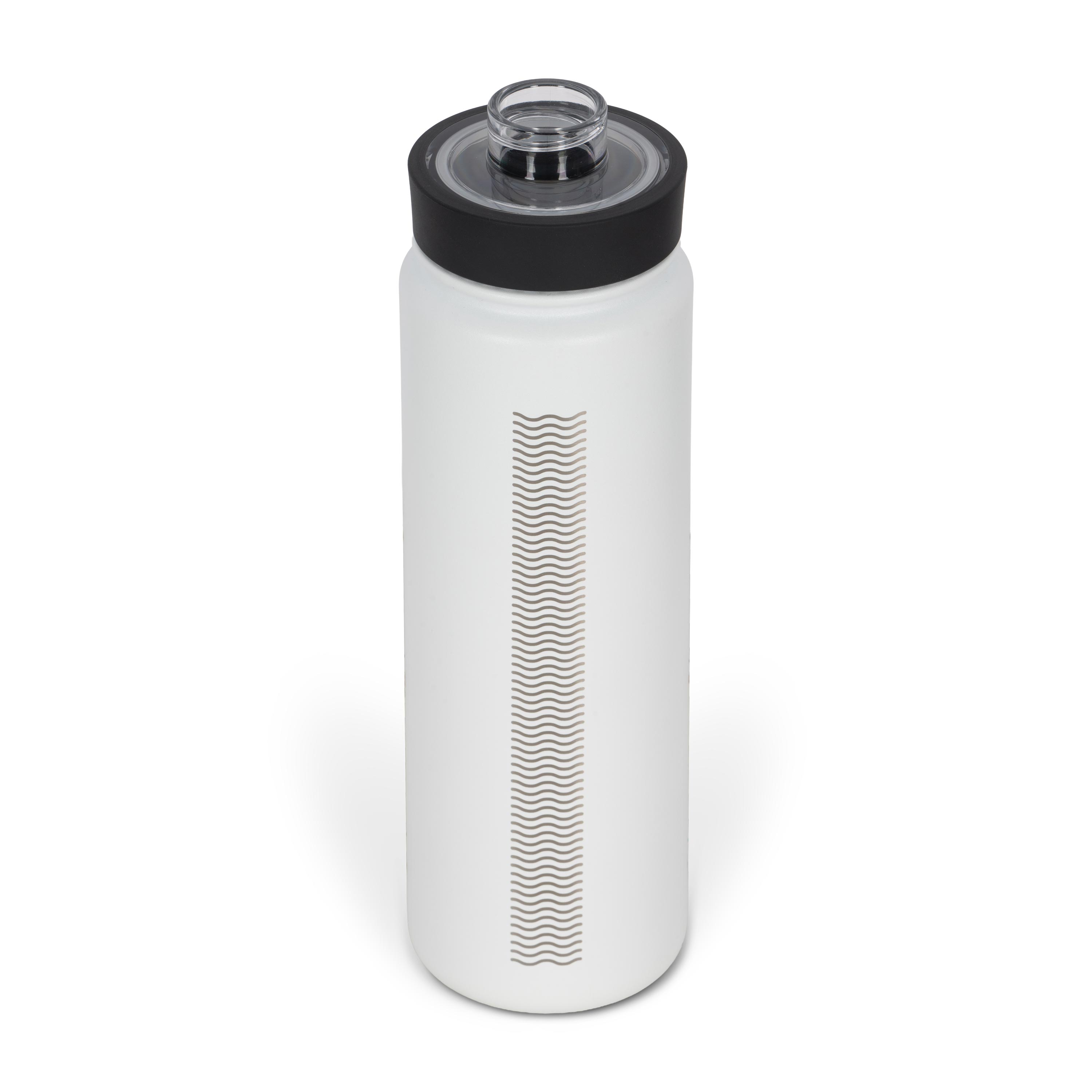 Rear view from above of white 700ml stainless steel drink bottle with open clear lid and silver etched wave pattern on side.
