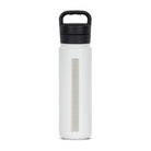Rear view of white 700ml stainless steel drink bottle with closed lid and handle. Silver etched wave pattern on side.