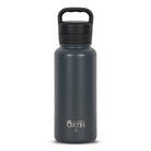 Front view of dark grey 960ml stainless steel drink bottle with closed lid and handle. Silver etched outdoor oath logo and kangaroo paw icon on side.