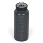 Rear view from above of dark grey 960ml stainless steel drink bottle with open clear lid and silver etched kangaroo paw track pattern on side.