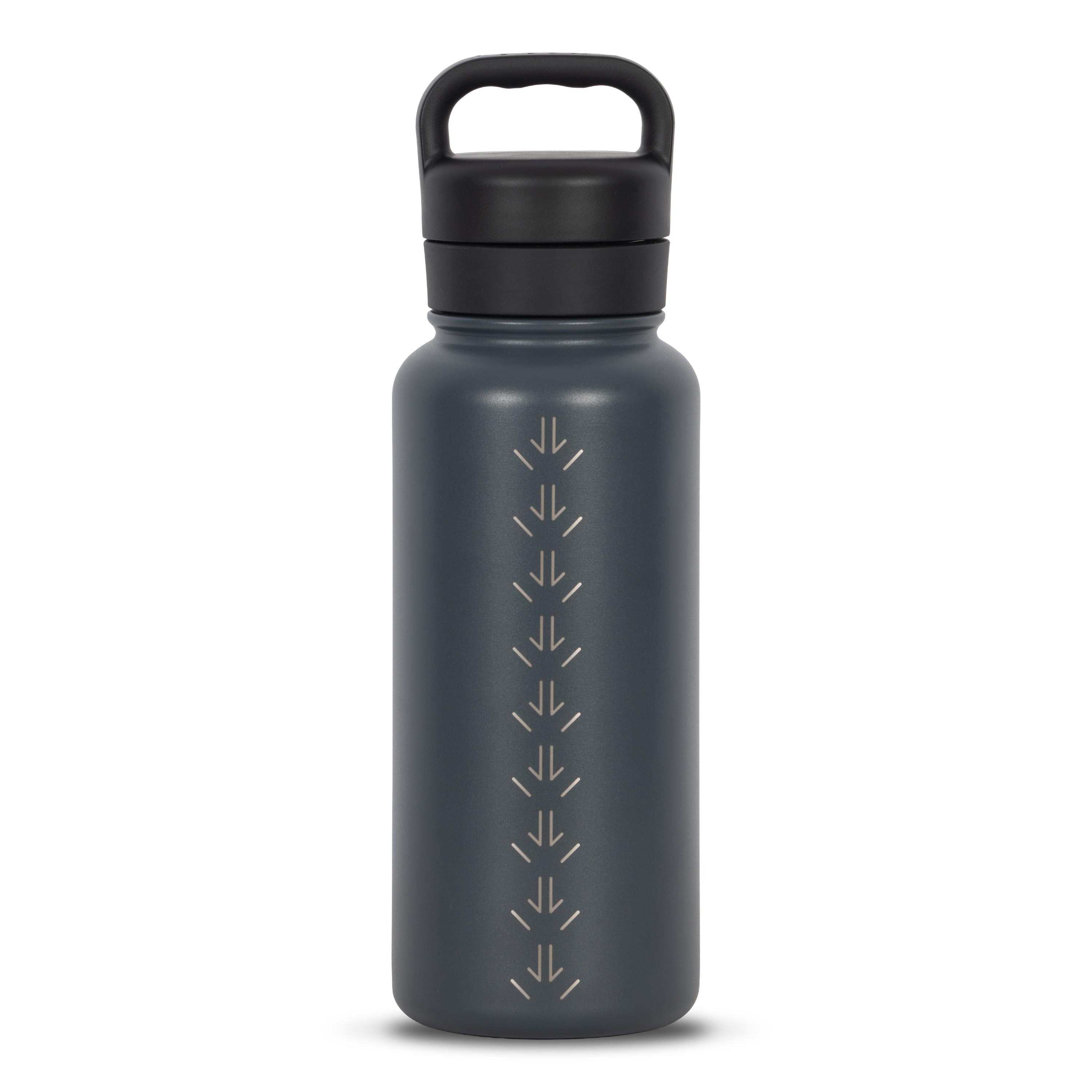 Rear view of dark grey 960ml stainless steel drink bottle with closed lid and handle. Silver etched kangaroo paw track pattern on side.