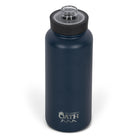 Front view from above of blue 960ml stainless steel drink bottle with open clear lid and silver etched outdoor oath logo and wave icon on side.