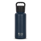 Front view of blue 960ml stainless steel drink bottle with closed lid and handle. Silver etched outdoor oath logo and wave icon on side.