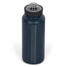Rear view from above of blue 960ml stainless steel drink bottle with open clear lid and silver etched wave pattern on side.