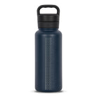 Rear view of blue 960ml stainless steel drink bottle with closed lid and handle. Silver etched wave pattern on side.